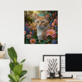 Mooie witte oranje kat in bloementuin poster (Thuiskantoor)