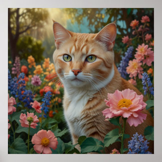 Mooie witte oranje kat in bloementuin poster