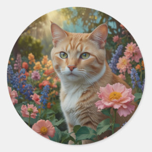 Mooie witte oranje kat in bloementuin ronde sticker