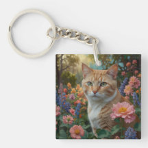 Mooie witte oranje kat in bloementuin