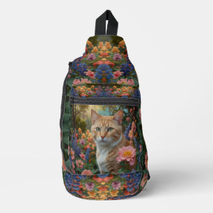 Mooie witte oranje kat in bloementuin sling bag
