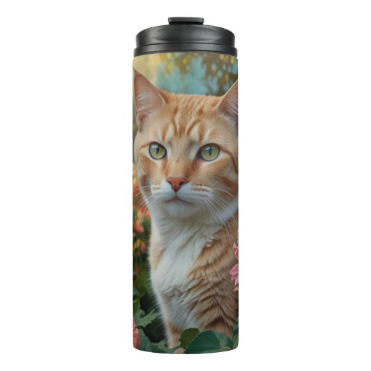 Mooie witte oranje kat in bloementuin thermosbeker (Voorkant)