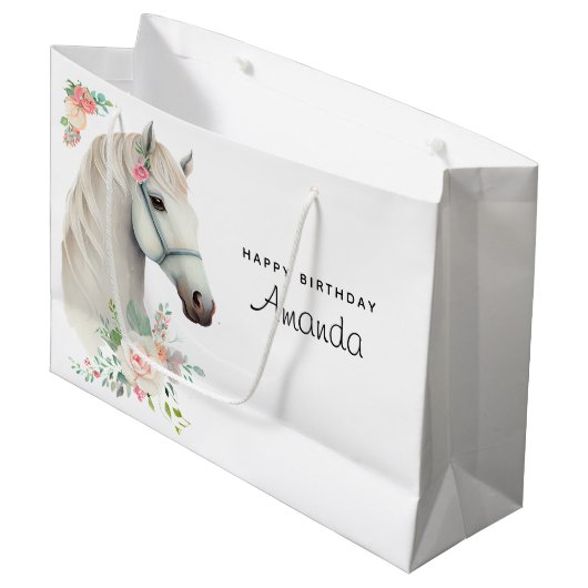 Mooie witte paard Boho bloemen verjaardag Groot Cadeauzakje (Voorkant Gekanteld)