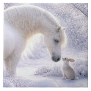 Mooie witte paard en konijn in de sneeuw tegeltje