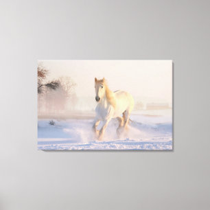 Mooie Witte Paard Galopperend in de Sneeuw Canvas Afdruk