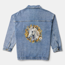 Mooie witte paard gouden bloemenkrans denim jacket
