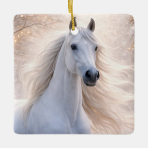 Mooie witte paard in de sneeuw met Kerstverlichtin Keramisch Ornament