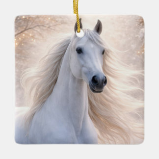 Mooie witte paard in de sneeuw met Kerstverlichtin Keramisch Ornament