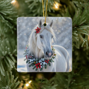 Mooie witte paard met krans Kerstvakantie Keramisch Ornament