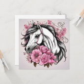Mooie Witte Paard met Roze Bloemen  Kaart (Voorkant / Achterkant in situ)