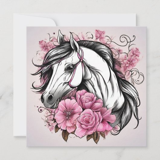 Mooie Witte Paard met Roze Bloemen  Kaart (Voorkant)