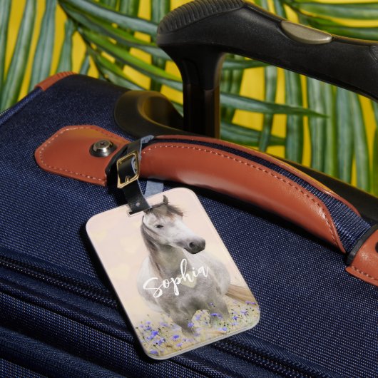 Mooie Witte Paard Paarse Bloem Persoonlijk Bagagelabel (Voorkant Insitu 1)