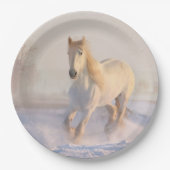 Mooie witte paarden die in de sneeuw lopen papieren bordje (Voorkant)