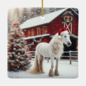 Mooie witte paarden, kerstboom en schuur keramisch ornament (Achterkant)