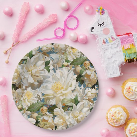 Mooie witte pioen en magnolia patroon papieren bordje (Feest)