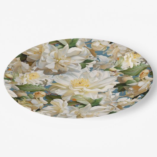 Mooie witte pioen en magnolia patroon papieren bordje (Gekanteld)