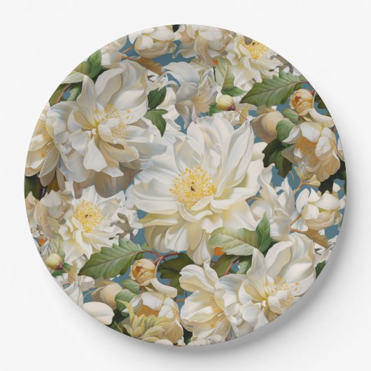 Mooie witte pioen en magnolia patroon papieren bordje (Voorkant)