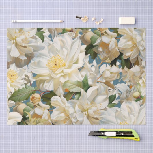 Mooie witte pioen en magnolia patroon tissuepapier (Craft)