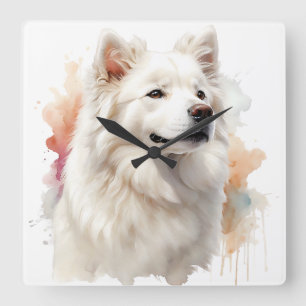MOOIE WITTE PLUIZIGE SAMOYED HOND VIERKANTE KLOK