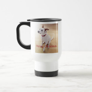 Mooie witte rendierhondenhond met kerstmis reisbeker