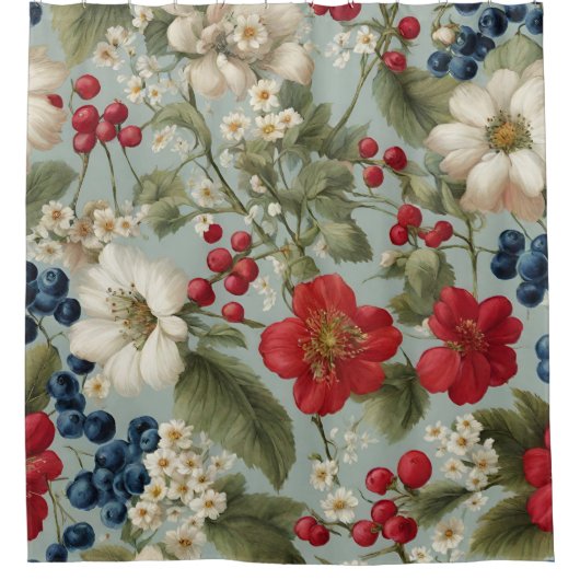 Mooie witte rode bloemen en blauwe, rode bessen douchegordijn (Voorkant)