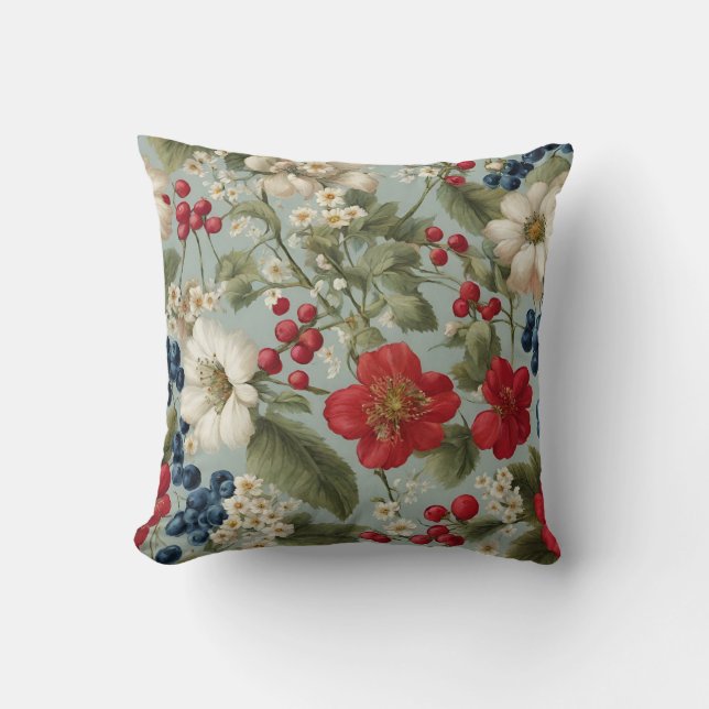 Mooie witte, rode bloemen en blauwe, rode bessen kussen (Voorkant)