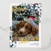 Mooie Witte Rode Bloemen Foto Prettig Kerstfeest Folie Feestdagenkaart (Voorkant)