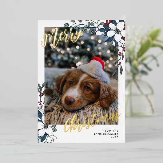 Mooie Witte Rode Bloemen Foto Prettig Kerstfeest Folie Feestdagenkaart (Staand Voorkant)