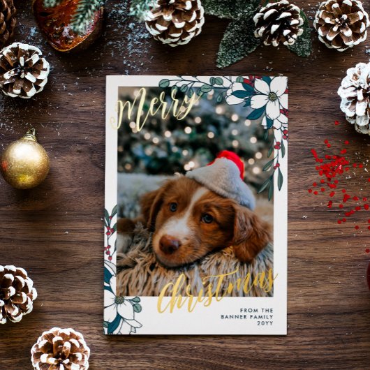 Mooie Witte Rode Bloemen Foto Prettig Kerstfeest Folie Feestdagenkaart