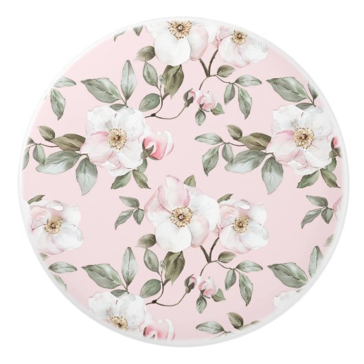 Mooie Witte Roze Bloemen Keramische Knop (Voorkant)