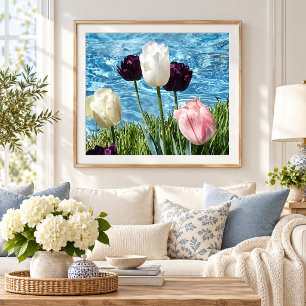 Mooie witte, roze en paarse bloemen foto afdruk