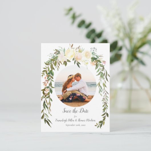 Mooie witte rozen bloemig save the date (Staand voorkant)