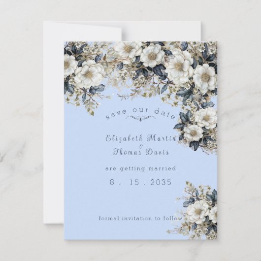 Mooie Witte Rozen Wijnranken Blauwe Bladeren Save The Date (Voorkant)