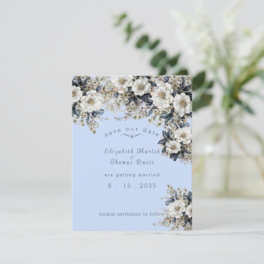 Mooie Witte Rozen Wijnranken Blauwe Bladeren Save The Date (Staand voorkant)