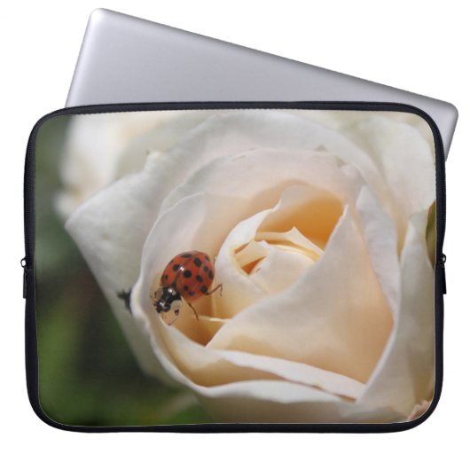 Mooie witte rozenbloem en ladybug laptop sleeve (Voorkant)
