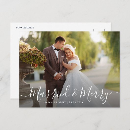 Mooie witte script vakantie bruiloft aankondiging briefkaart (Voorkant / Achterkant)