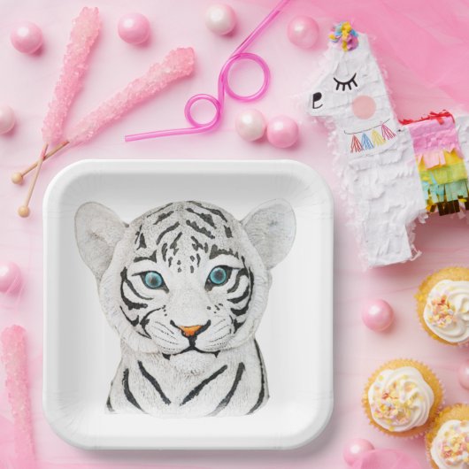 Mooie witte tijger met blauwe ogen papieren bordje (Feest)