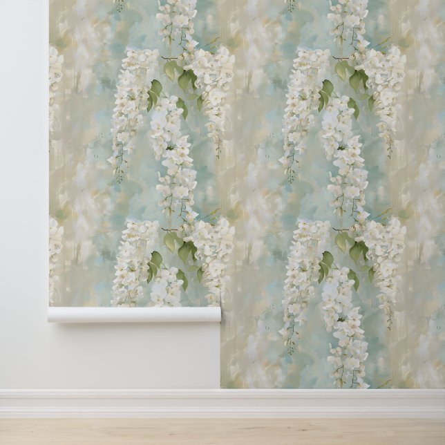 Mooie witte wisteria op blauw behang (Applicatie)