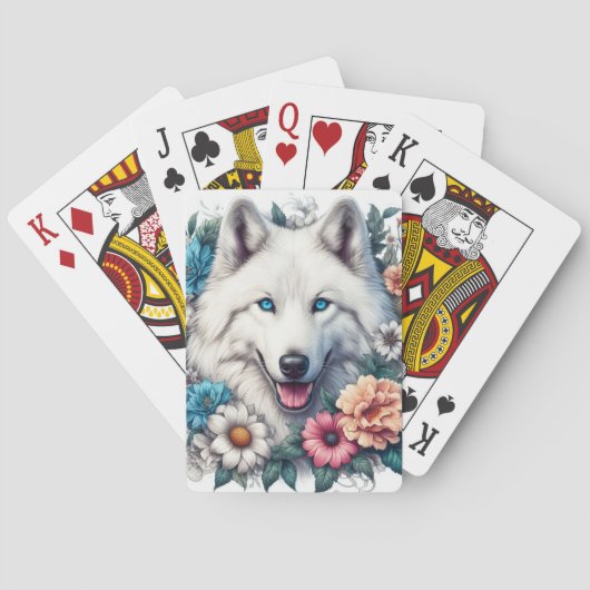 Mooie Witte Wolf en Bloemen Pokerkaarten (Achterkant)