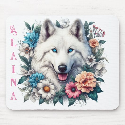 Mooie witte wolf met bloemen muismat (Voorkant)