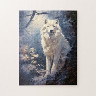 Mooie witte wolf onder de maan legpuzzel