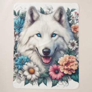 Mooie witte wolfshond met bloemen sherpa deken