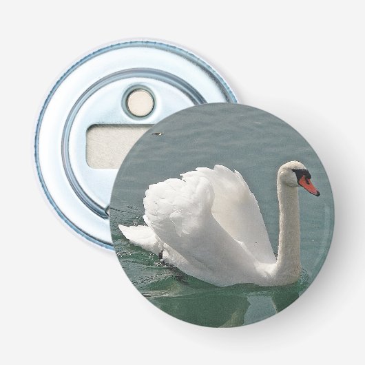 Mooie witte zwaan button flesopener (Voorkant)