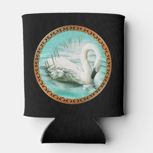 Mooie witte zwanen in een turkooisblauw water blikjeskoeler (Achterkant)