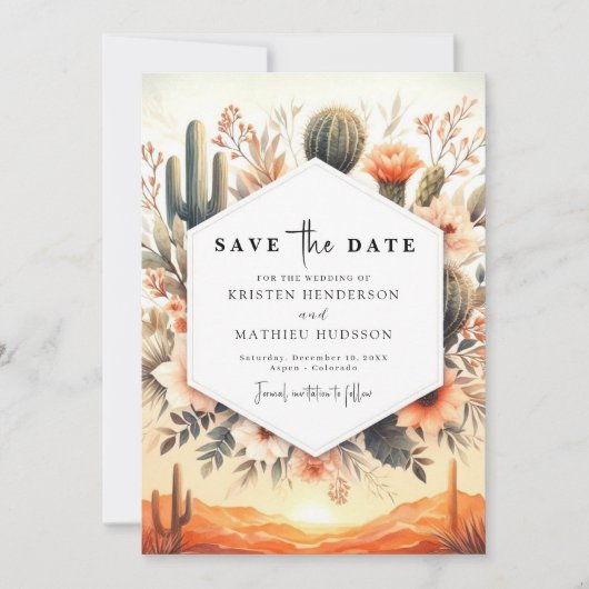 Mooie woestijncactusbruiloft save the date (Voorkant)