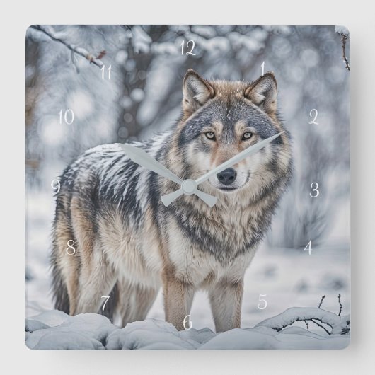 Mooie wolf in de sneeuw in het wild vierkante klok (Voorkant)