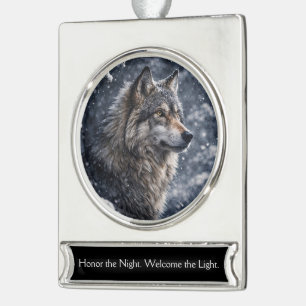Mooie wolf in de sneeuw Winterzonnewende Verzilverd Banner Ornament
