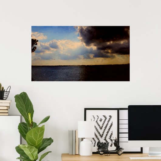 Mooie wolken en olieverf in het meer op Canvas Poster (Thuiskantoor)