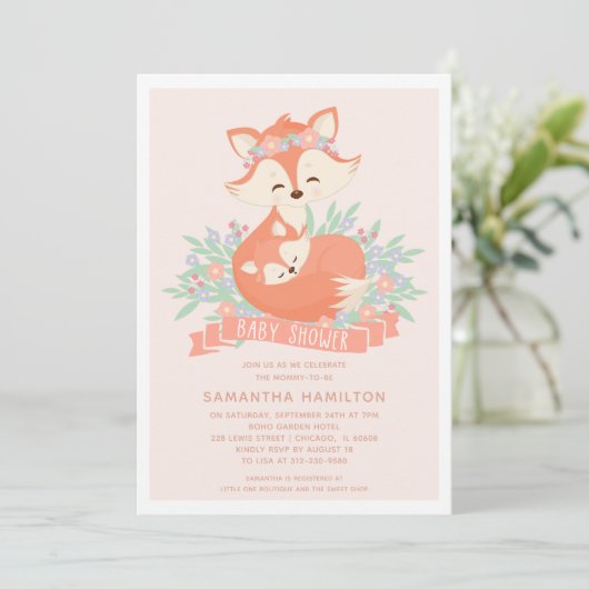 Mooie Woodland Fox Meisje Baby shower Uitnodiging (Staand voorkant)