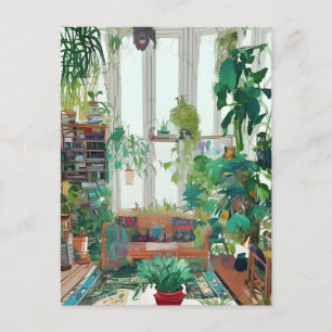 Mooie woonkamer vol tropische planten AI  Briefkaart
